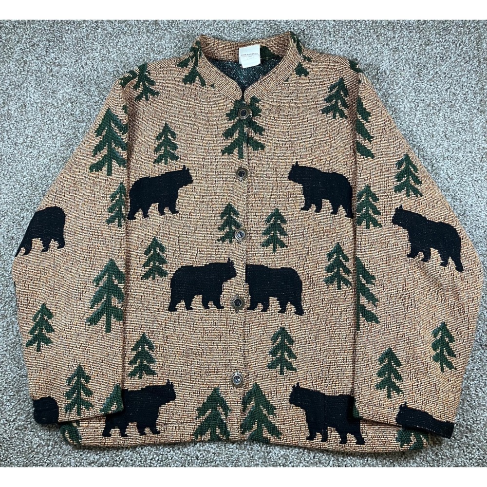 Sugar Street Weavers Bear Pine Tree Lodge Tapestry Cardigan Sweater Size Large